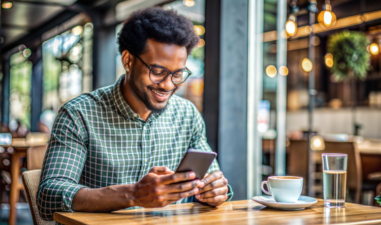 Man looks at phone in coffee shop