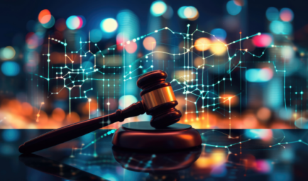Gavel in front of a blurred background with lights and dots.