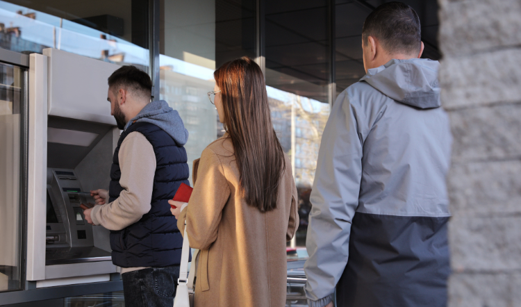 Three people are lined up in front of an ATM.