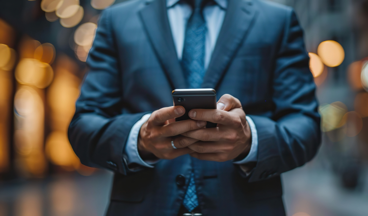 Man in a suit holds a smartphone in both hands.